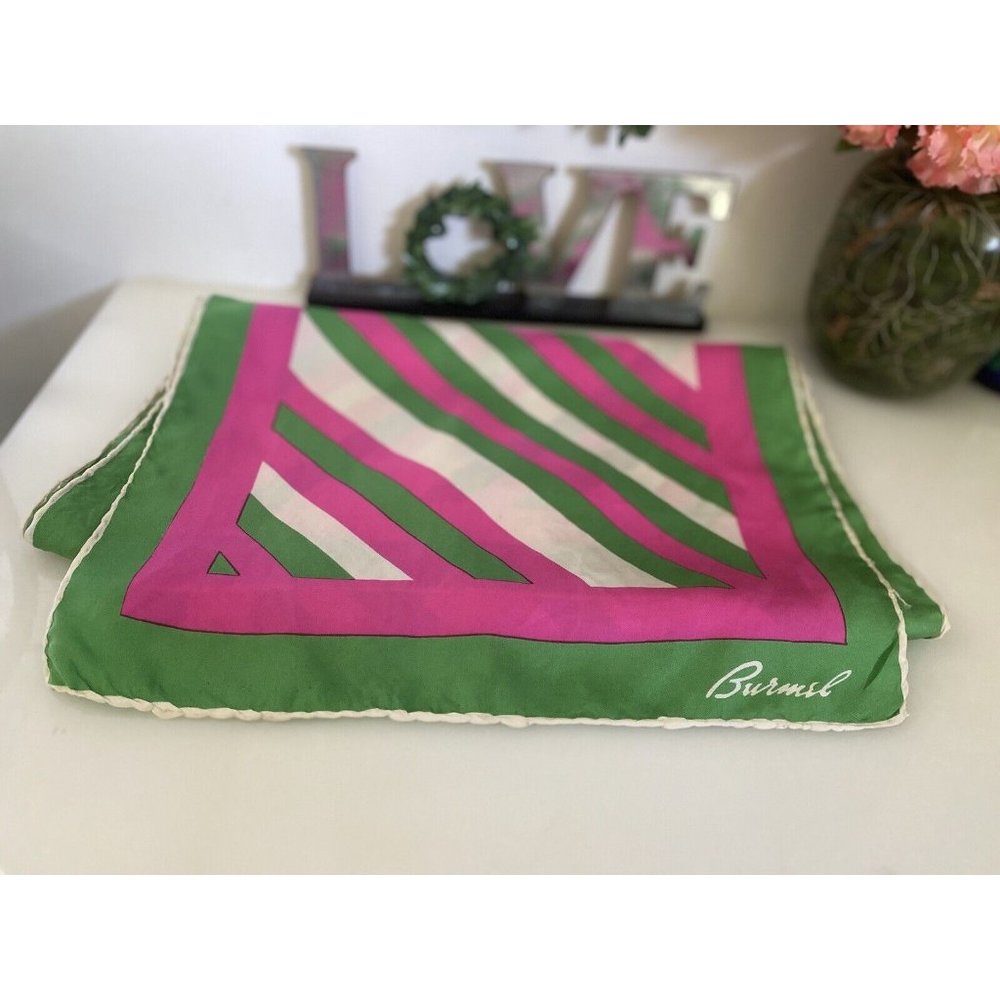 Burmel Vintage 1960's Pink Green Stripe Hand Rolled All Silk Scarf 13x68 Italy - Picture 3 of 16